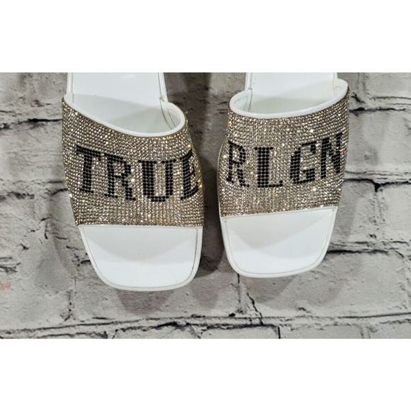 True Religion Bling Silver White Stoned Sandals Block Heels WOMENS SIZE 9 - Picture 3 of 8